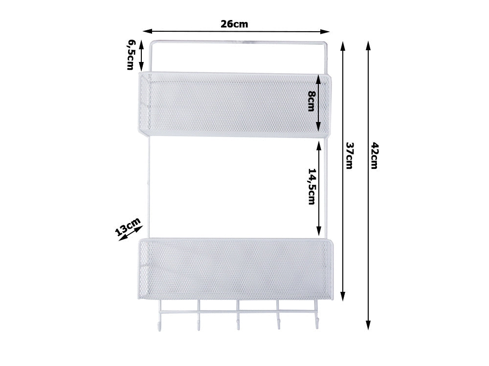 Väggorganiser metall 2 hyllor + 2 självhäftande krokar vit 42 cm
