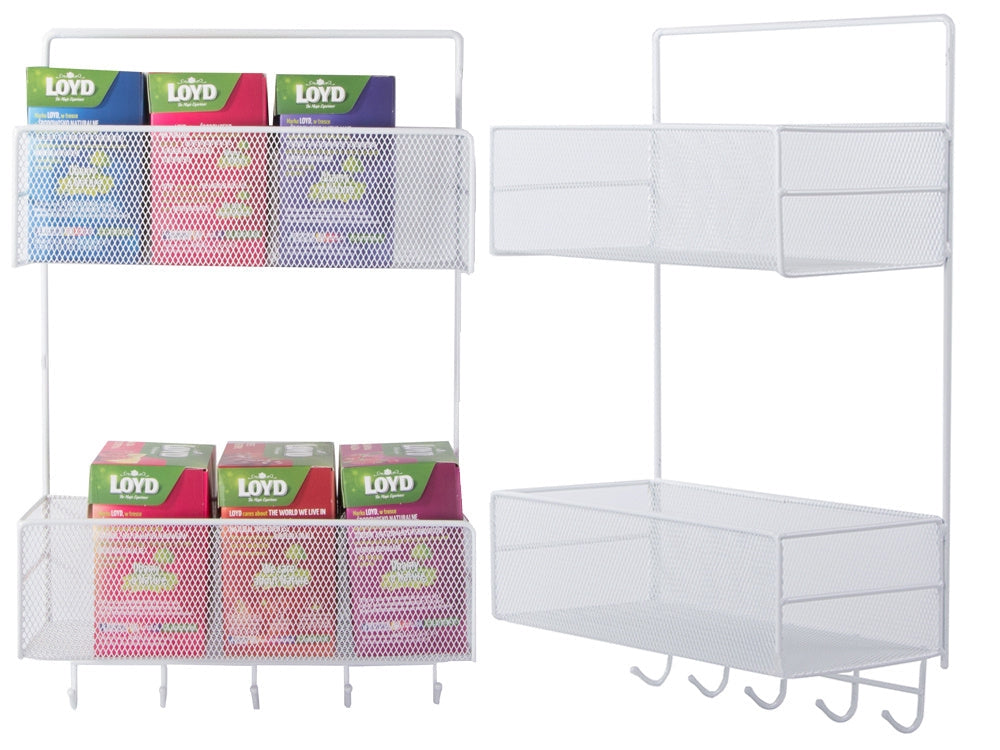 Väggorganiser metall 2 hyllor + 2 självhäftande krokar vit 42 cm