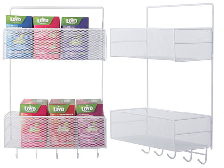 Väggorganiser metall 2 hyllor + 2 självhäftande krokar vit 42 cm