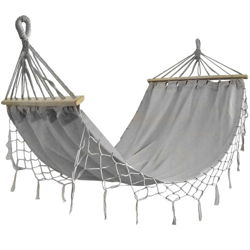 XXL dubbelhängmatta 200x150 cm med träbalk 100 cm 250 kg grå