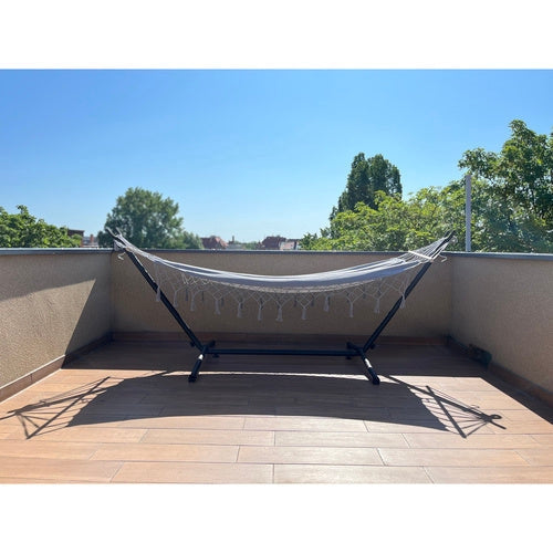 XXL dubbelhängmatta 200x150 cm med träbalk 100 cm 250 kg grå