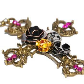 Halsband Kors dödskalle blommor rhinestone vintage retro